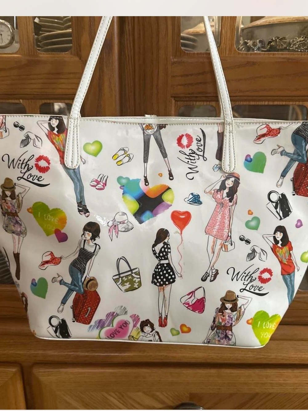 White Fashion Print Tote Bag with Colorful Illustration Accents - Picture 2 of 7
